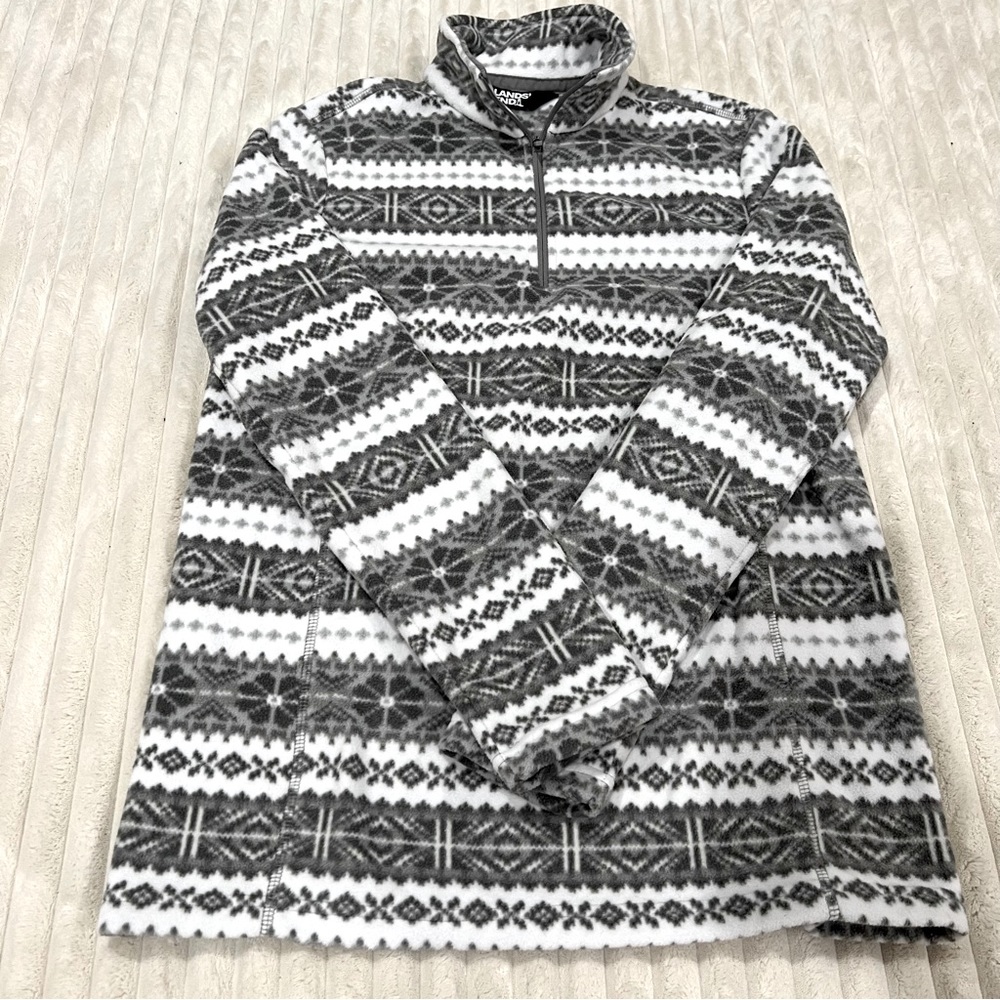 Lands End Jacket Womens Gray White Fleece High Collar Zip Oeko Tex Warm Cozy
